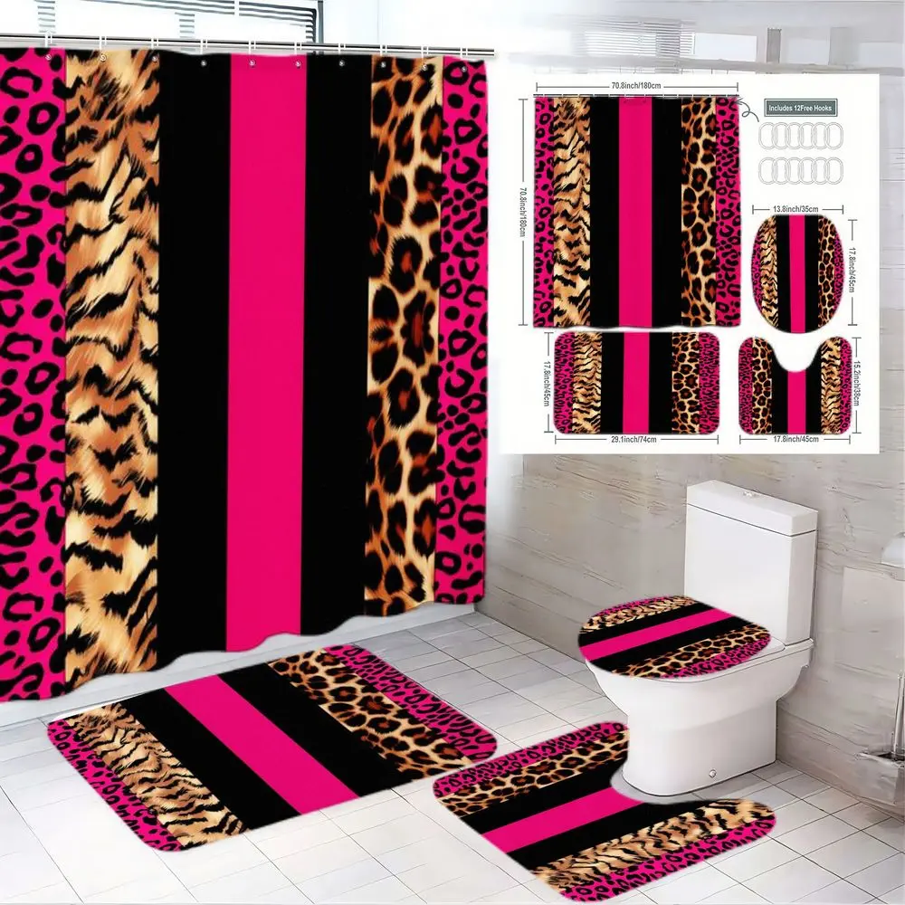 1/4pcs Leopard Print Bathroom Set, Home Goods, Bathroom Decor And Accessories, Pink Black Striped Shower Curtain Sets, Matching Bath Mats Toilet Cover, Leopard-Pink-Black Aesthetic, Perfect for Bathroom Decor