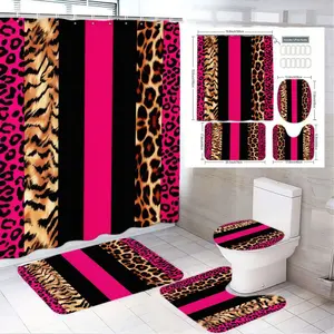 1/4pcs Leopard Print Bathroom Set, Bathroom Decoration Accessories, Pink Black Striped Shower Curtain Sets, Matching Bath Mats Toilet Cover, Leopard-Pink-Black Aesthetic, Perfect for Spring/Summer Bathroom Decor - Festival Gift for Home Styling