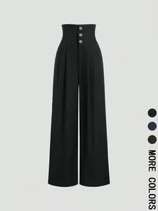 Women's Solid Color Pants, Casual Comfy Wide Leg Pants for Spring & Fall, Women's Pants for Daily Wear, Loose Legged Pants