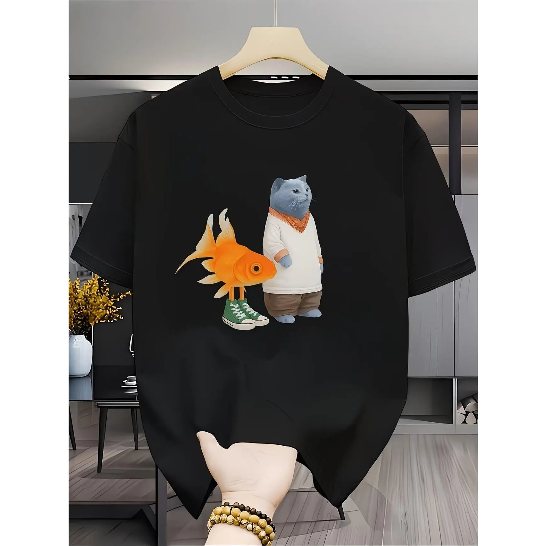 100% Premium Cotton graphic tees Whimsical Cat and Goldfish Best Friends T-Shirt | Unique Funny Animal Graphic Tee | Comfortable Crewneck Casual Top | Playful Statement Shirt for Everyday Wear