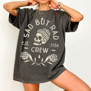 Sad but rad graphic tee, distressed grunge aesthetic tshirt, mental health clothing, goth skull tee, trendy motivational tee, rebel women