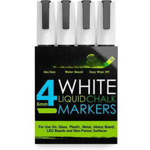 Chalk Markers, 4-Pack White, Erasable and , 6mm Reversible Tip Liquid Chalk Pens for Chalkboards, Glass, Windows, and Mirrors