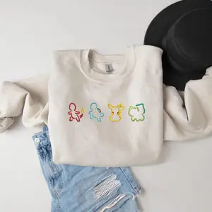 Embroidered Vintage Cartoon Sweatshirt, Trendy Retro Pikachu Crewneck, Squirtle Lover, Gift for Him, Bulbasaur Hoodie, Charmander Pullover