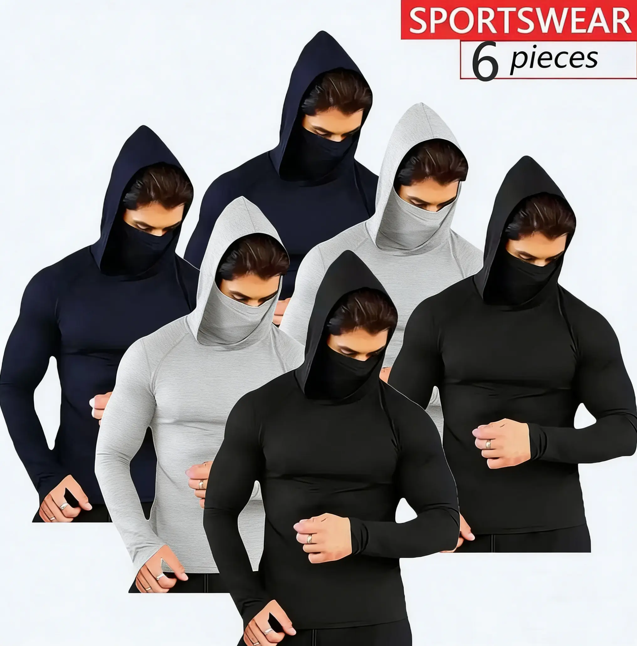 Men's 6-Piece Solid Color Hooded Sweatshirt Set with Mask - Sunscreen, Quick-Drying, Athleisure Breathable Clothes, Gym Workout Tops, Compression Shirt, Fishing Techwear, All-Season Activewear