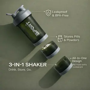 RoomBlanco Sport 3-Layer Shaker Bottle BPA-Free with Blender Ball & Pill Storage Compartments for Protein Powder & Snacks Dishwasher Safe