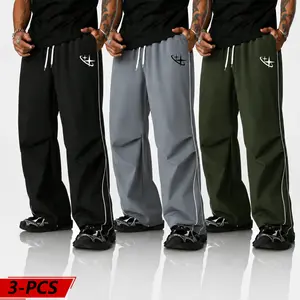 3-pack men’s loose casual pants, American retro Y2K street style with side stripe design, drawstring lightweight, soft, comfortable athletic pants suitable for everyday workouts, running training, breathable outdoor versatile bottoms