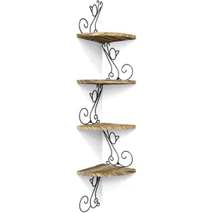 Wall Mount Corner Shelves 4 Tier Floating Corner Storage Wood Shelves Decorative Rustic Radial Shelf in Cat Shape Carbonized Black