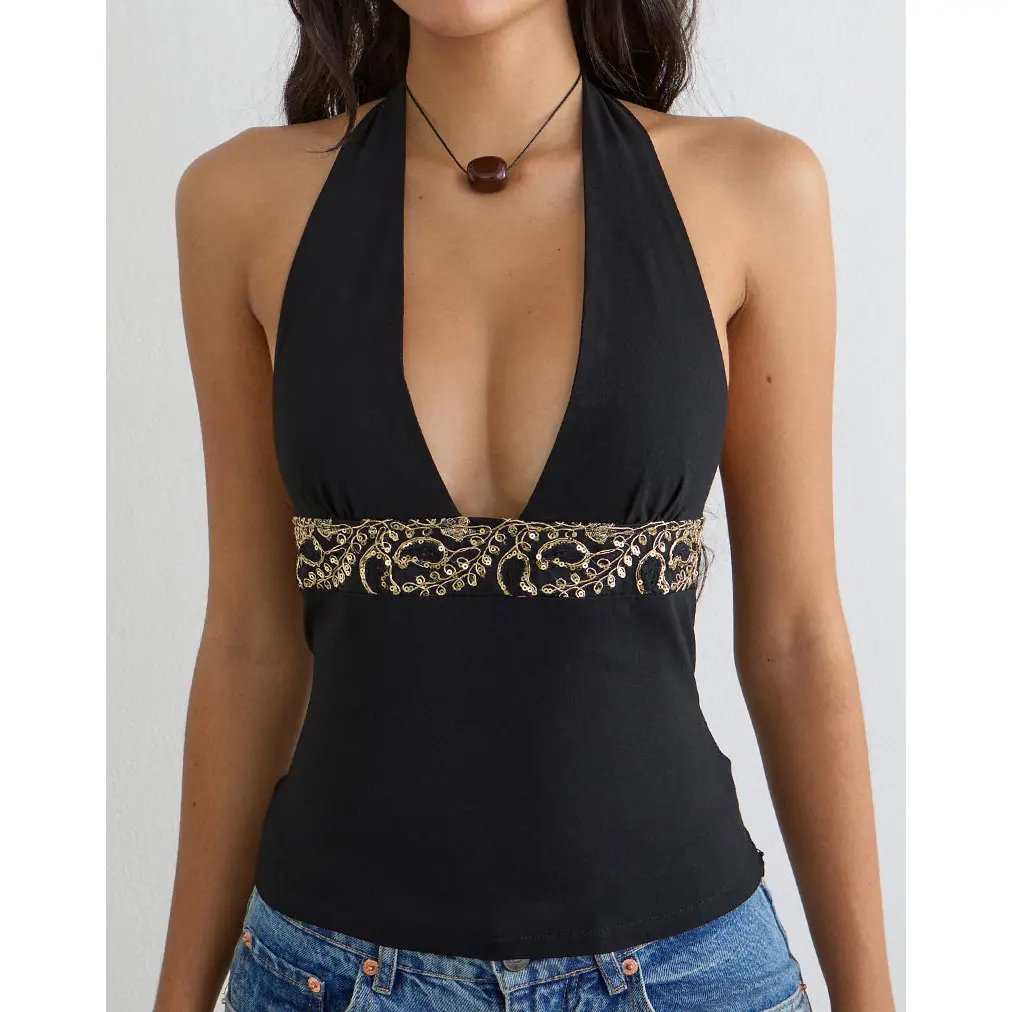 Orvio Halter Top in Black with Embroidered Sequin Trim