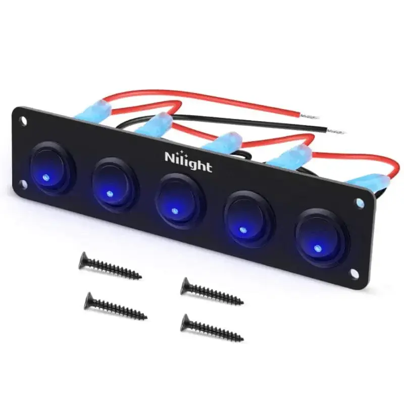 Nilight 5-Gang 3-Pin Aluminum Waterproof Rocker Switch Panel - Blue, Includes Mounting Screws