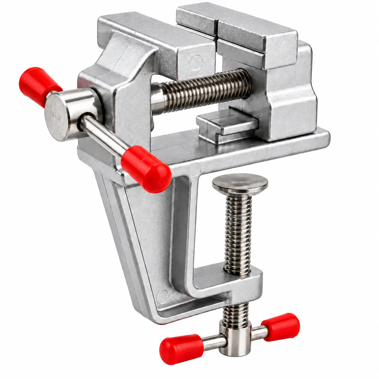 Compact Mini Bench Vise Silver Red Heavy-duty Cast Iron Steel Body Chrome-plated Screws Versatile C-clamp Design for Woodworking Jewelry Making DIY Projects