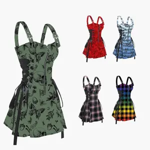 Womens Sexy Mini Dresses Skull Animal Plant Print Buckle Strap Dress Lace Up Half Zipper Mini Dress Green Dress Sundress