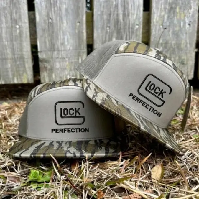 Glock Perfection Camo 7 Panel Trucker Hat, Tactical Snapback Cap, Flat Bill Mesh Hunting Hat, Outdoor Sports Hat, Gift for Shooting Enthusiasts
