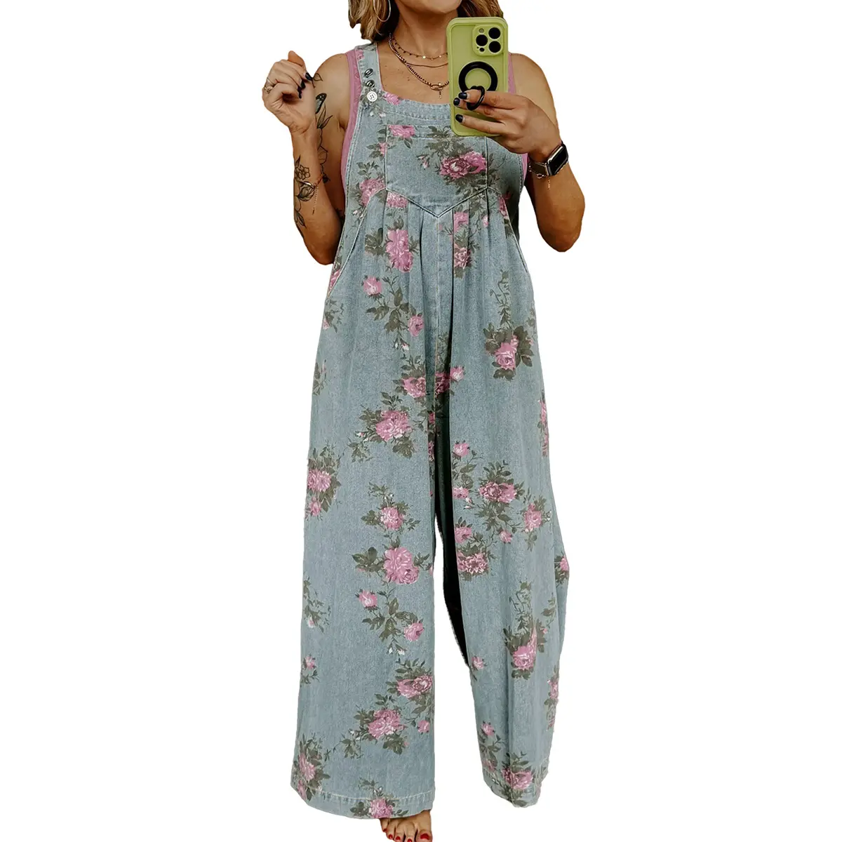 Znacicc Women's Beau Blue Denim Jumpsuit Floral Print Pleated High Waist Wide Leg Ideal for Casual Days Coffee Dates Weekend Errands Womenswear Overalls