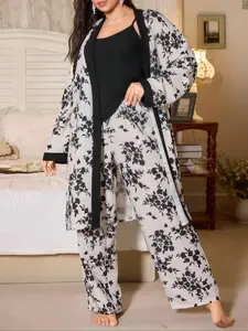 Women's Plus Size Sleepwear Loungewear Set, Floral Design, Sleeveless & Long Sleeves Options, Ideal for All Seasons, Comfortable Night Wear
