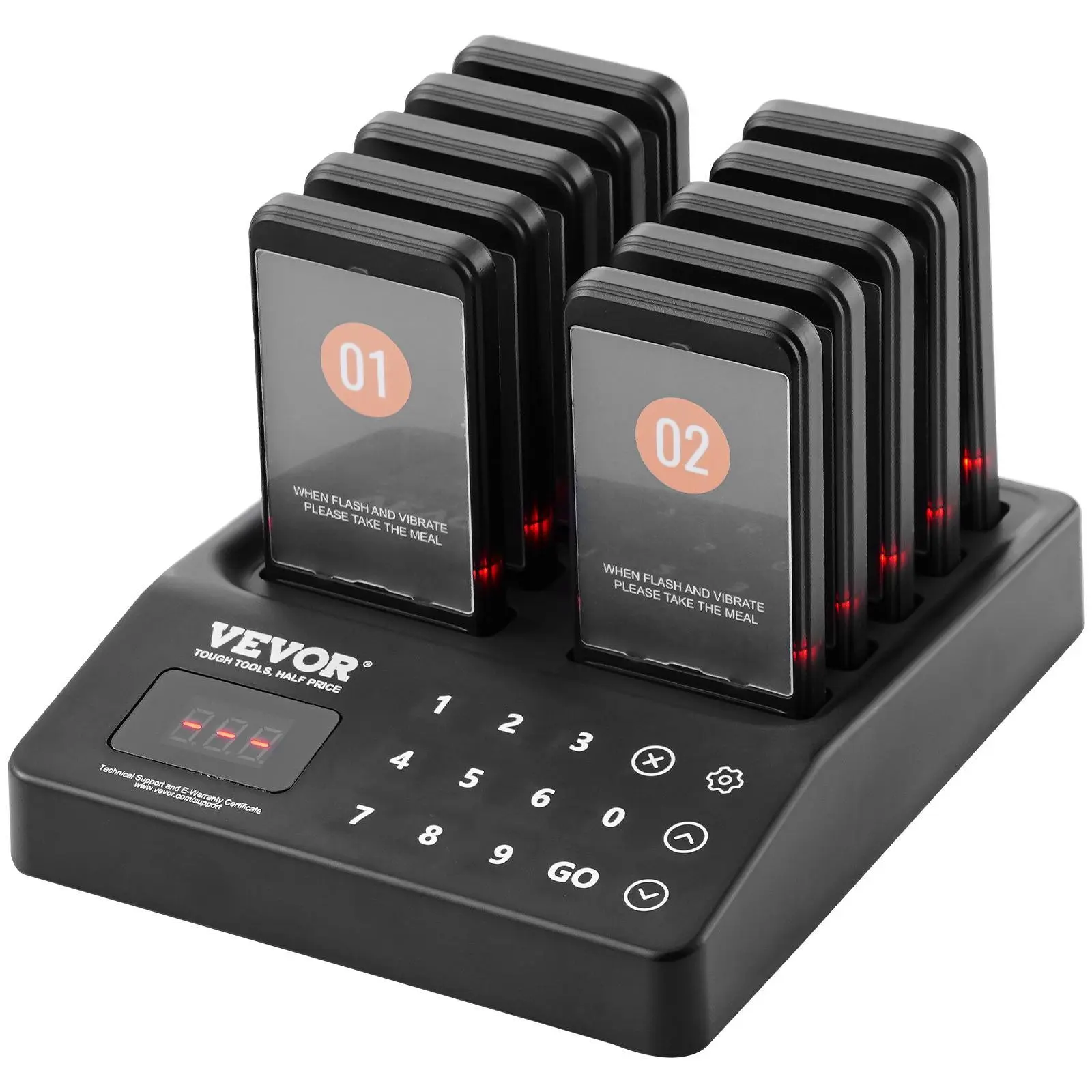 【Fallpicks】VEVOR Wireless Restaurant Pager Base Unit Set with Touch Keypad, 400m Signal Range, 250mAh 16-Pit Customer Pagers, 10 Buzzers, Multi-Alert Mode (Vibration, Flashing), Lithium Polymer Battery, DIY Slogan Slot for Restaurants