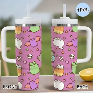 PIKPAKA Cartoon Pusheen Vacuum Flasks 40oz Stainless Steel Tumbler with Handle & Straw, Vacuum Insulated Travel Mug Keeps Drinks Cold Up to 12 Hours, Leak-Resistant Cup for Iced Coffee, Water, Office, Gym or Travel, Leakproof Insulated Tumbler
