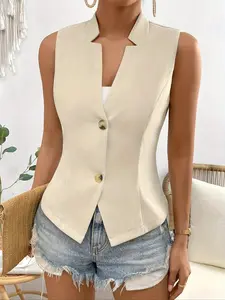 Women's Solid Color Front Button Jacket Vest, Elegant Blazer Style, Perfect for Office & Casual Wear, Stylish Outerwear for Women