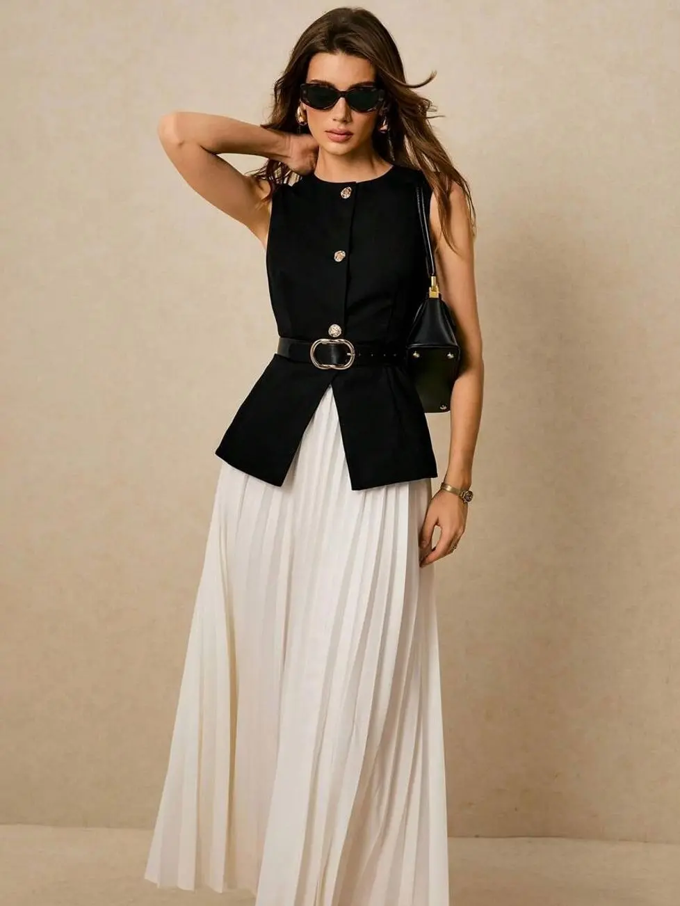 Women 2pcs Suit: Elegant Commuting Vest And Pleated Skirt, Business Casual Woman,Office Outfits For Women,Old Money,Elegant  Women,Summer/Fall