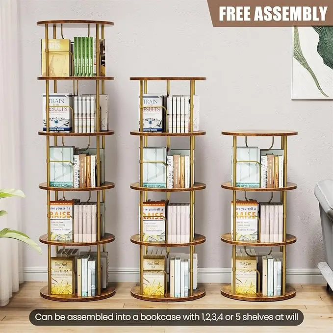 Black&Gold 5-Tier 360° Swivel Spinning Bookshelf Tower with Spinning Base - Narrow Space-Saving Tall Floor-Standing Multi-Position Cabinet Racks & Shelves for Bedroom, Living Room - Books Small Room Ideas, Multi-Position Cabinets, Racks & Shelves