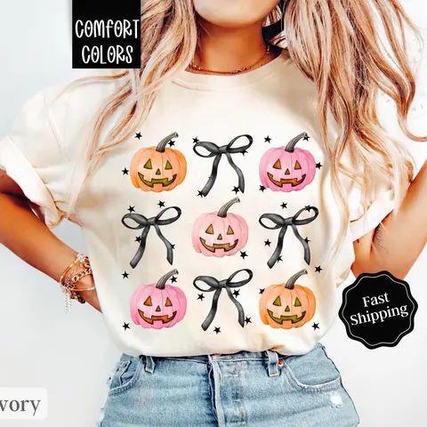 Coquette Halloween Shirt Comfort Colors, Pumpkin Bow Tshirt,  Jack-O-Lantern Tee, October Vibes Shirt for Women Oversized Crewneck
