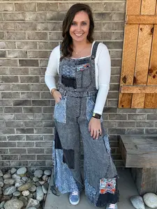 Black Washed Multi Patchwork Denim Overalls by Oli & Hali
