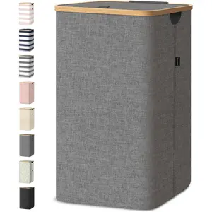 Laundry Hamper with Lid, Tall Laundry Baskets with Bamboo Pull Handles, Large Laundry Bin with Internal Support (26 Gal/100L, Grey)