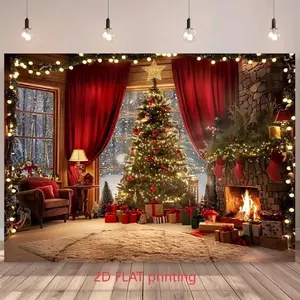 Winter Christmas Background - Christmas Cozy Living Room with Tree, Fireplace and Gifts Backdrop Banner for Festive Holiday Decor, Winter Wonderland Wall Decor
