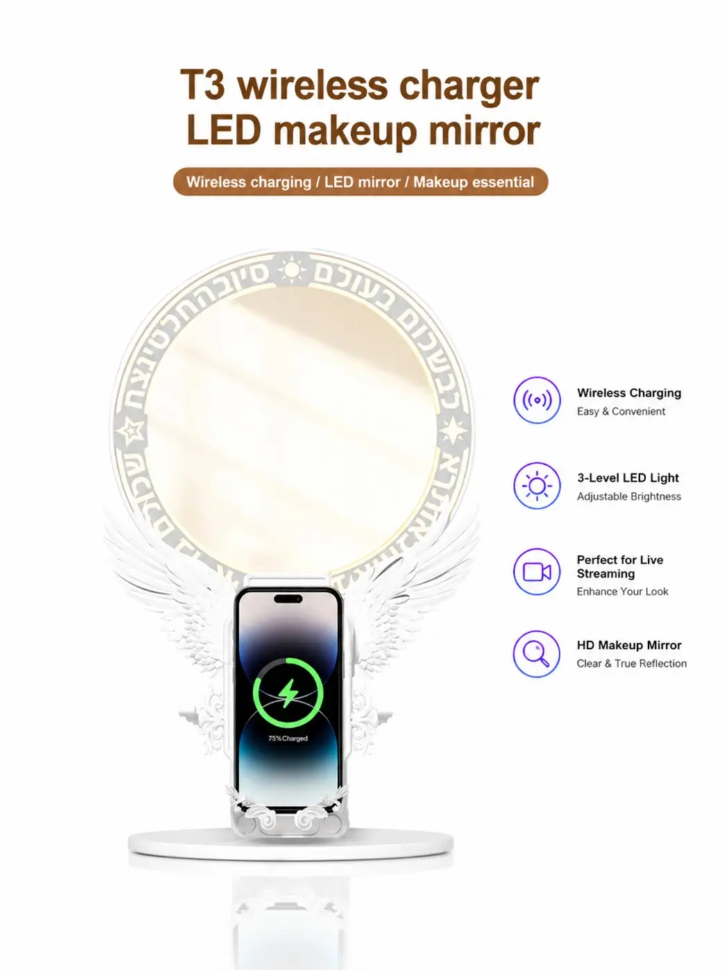 3-in-1 Magnetic Wireless Charger Phone Holder - 360° Rotating LED Mirror Stand, Fast-Charging Desk Organizer, Adjustable Live Streaming Accessory with Light for iPhone 12-17, Led Lights, Wireless Charging