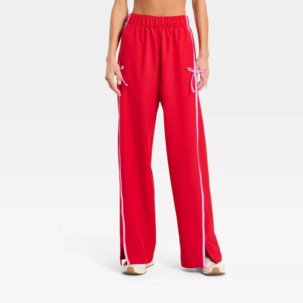 Women's High-Rise Woven Bow Track Pants - All In Motion, Polyester-Spandex Fabric Garment with Drawstring