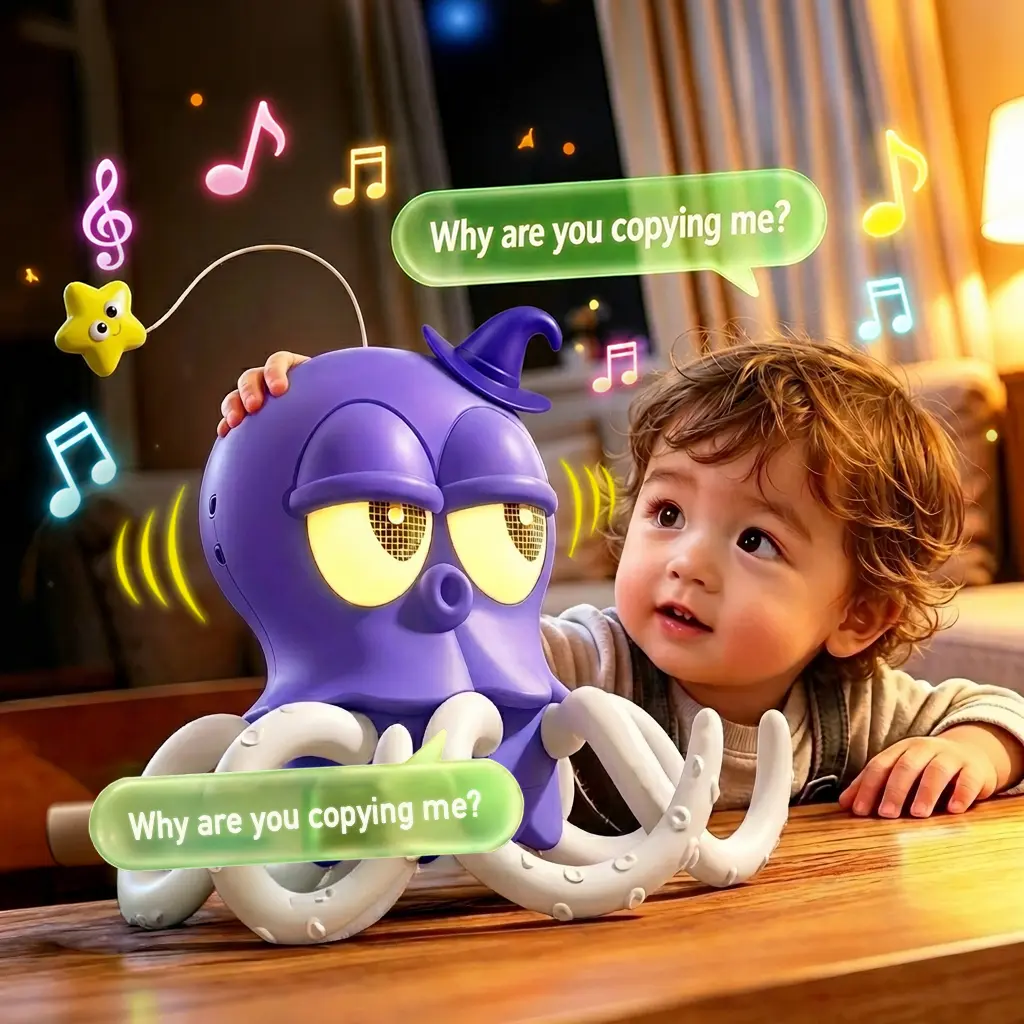 Viral Talking Dancing Squid Toy, Voice Mimicking & Repeating Interactive Electronic Pet with Glowing LED Neon Lights & Catchy Music, Sensory Crawling Chase Wiggling Octopus, Montessori Early Learning Desk Gag Gift for Kids & Adults 3+ Years Old