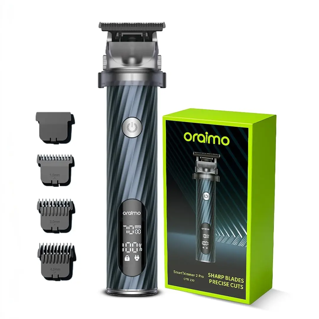 [FathersDayGift] Oraimo SmartTrimmer 2 Pro Cordless Men's Hair Clipper - Barber Equipment, 7000 RPM Professional Trimmer, Adjustable Head, Self-Sharpening Blades, 2.5H Runtime, Digital Display, Metal Housing, 3 Guide Combs for Face & Hair Grooming