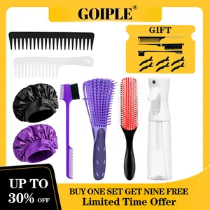 17 Counts Hair Brush Set for Women Men Kids Detangler Brush Wide Tooth Comb Nylon Bristle 9-Row Brush Satin Bonnet Edge Brush Black & Purple