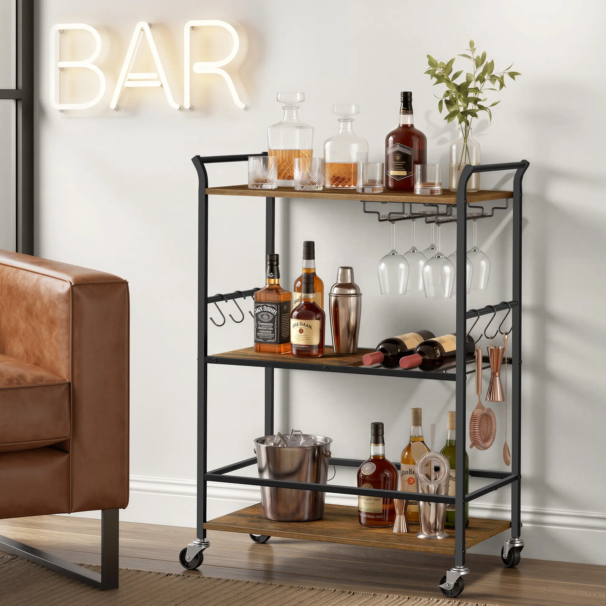 VASAGLE Multi-Tiered Rectangular 3-Tier Bar Cart Organiser, Single Unit Steel Serving Cart with Casters Base, Wine Rack, Glass Holder, Rustic Brown, for Kitchen, Living Room, Steel Frame