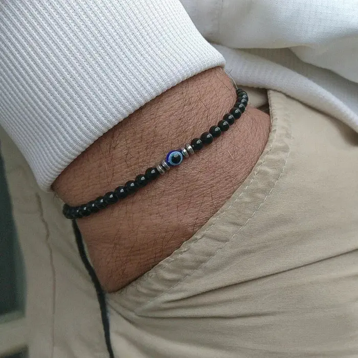 Empath Protection Black Tourmaline Evil Eye Healing Bracelet, 4mm Natural Gemstone Stretch Beads for Men & Women, Casual Natural Crystal Bracelets & Anklets
