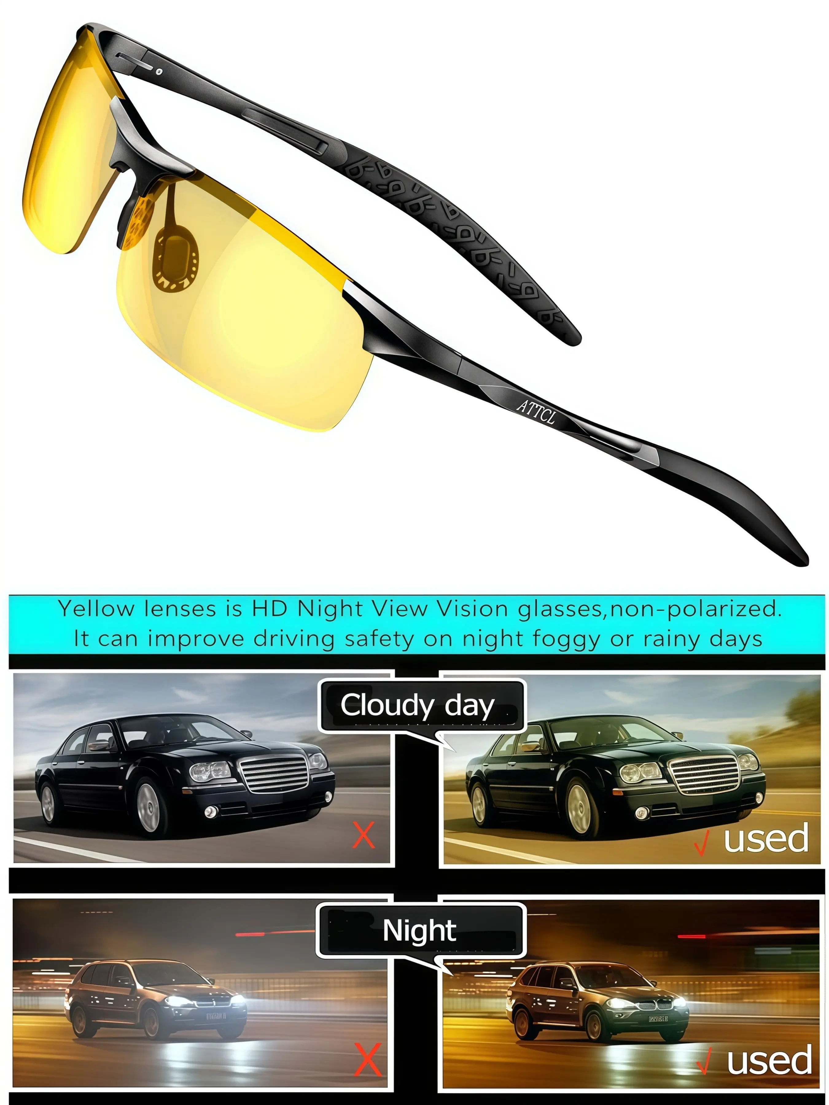 Unisex Anti Glare Polarized Night Vision High Quality Sunglasses - Yellow TAC HD Lens, Lightweight AL-MG Frame, Adjustable Nose Pads for Night & Snow Driving, Come with Sunglasses Case, Cleaning Cloth & Test Paper