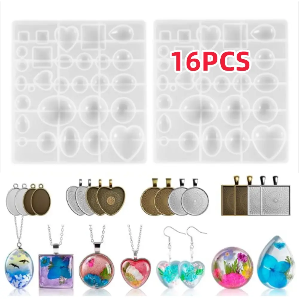 Gems Resin Molds, 36 Cavities UV Resin Jewelry Making Kit with 16 PCS Metal Pendants Trays,Silicone Molds for Pendants,Earrings,Necklace