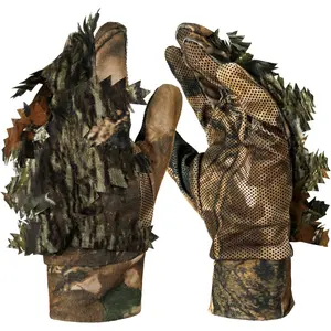 3D Leafy Camo Hunting Gloves, Anti-Slip Full Finger Woodland Camouflage Tactical Lightweight Gloves for Turkey Hunting Woodland Camouflage Ghillie Suit