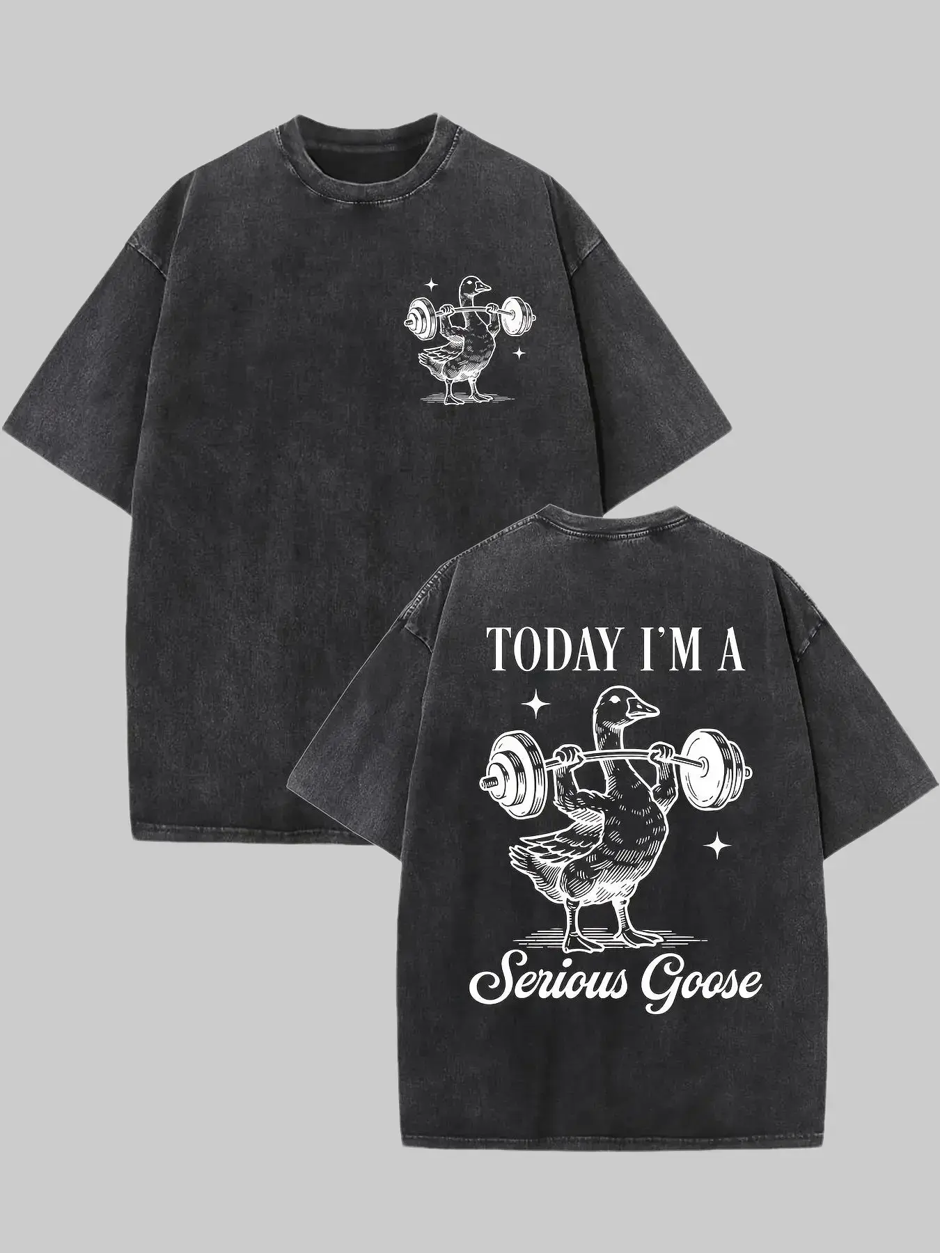 Acid Washed Oversized T-Shirt Men Funny Serious Goose Weightlifting Graphic Tee Retro Gym Workout Streetwear Y2K Grunge Loose Fit Casual Fitness Animal Short Sleeve Top
