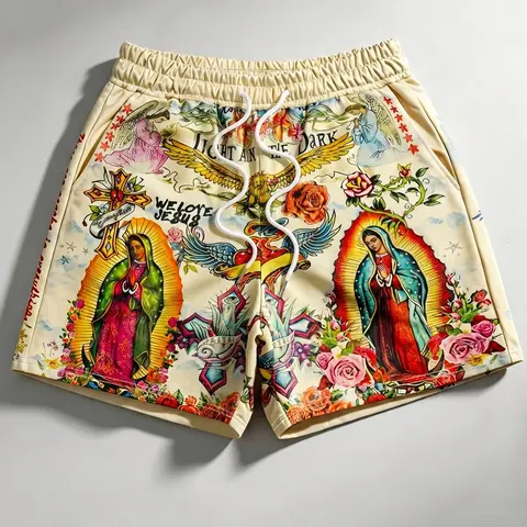 Men's Religious Style Shorts with Madonna Print, Rose and Angel Patterns, Graphic Print Shorts, Loose-Fit Streetwear, Summer Casual Pants for Trendy, Drawstring Casual Shorts, Baggy Shorts