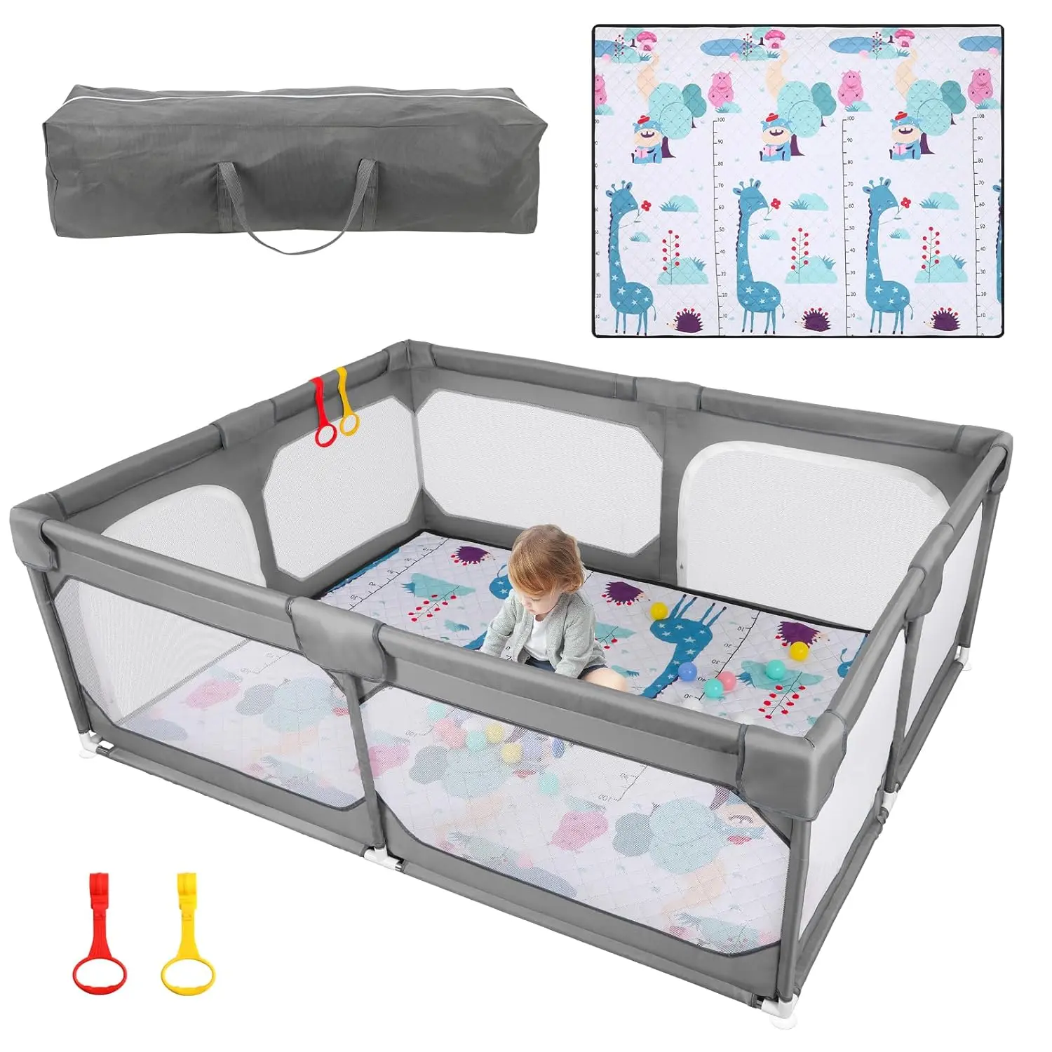 JINXIA Extra Large Baby Playpen with Mat 190x150x68cm BPA-Free Safe No Gaps Design Grey Sturdy Safety Fence for Indoor Outdoor Fun Gift with Foldable Mat & Breathable Mesh