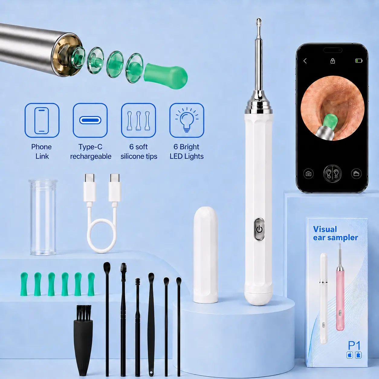 Earwax Removal Cleaner with Camera and Light, App-View  Wax Removal Tool with Hotspot Connection, 5MP Lens, 6 LED Lights and Type-C Rechargeable Design, ear hygiene, removal camer, kit, Ear Wax Remover, cotone tes, clips, candle， Ear Otoscope Kit