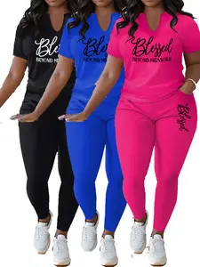 Plus Size Women's Blessed Beyond Measure Oversized Letter Print 2-Piece Set V-Neck Short Sleeve Top & Straight Leg Pants Medium Stretch Machine Washable