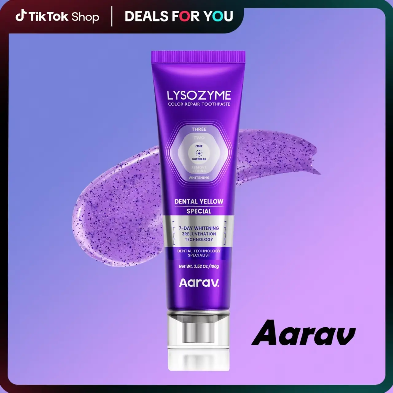 Aarav Lysozyme Purple Whitening Toothpaste 3pc Instant Stain Removal Color Repair for Brighter Teeth Fresh Breath Formula with Color Correcting Technology Oral Radiant