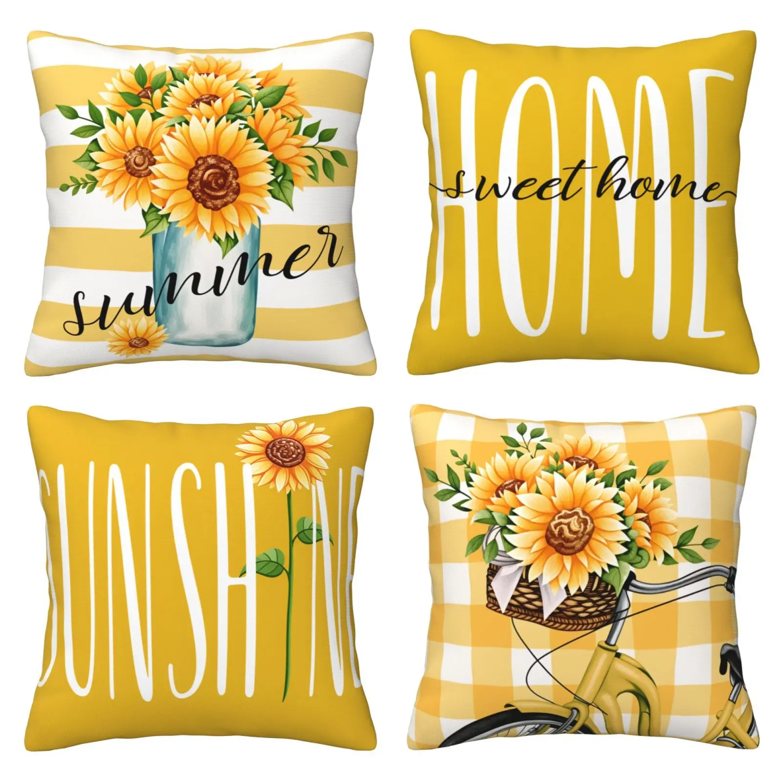 Sunflower Pillow Cover Summer Pillow Cover Yellow Flower Pillow Cover Cushion Cover Suitable for Sofa, Terrace, Outdoor Home Decoration, 4-piece Set Double sided Printing Cushion Slipcovers