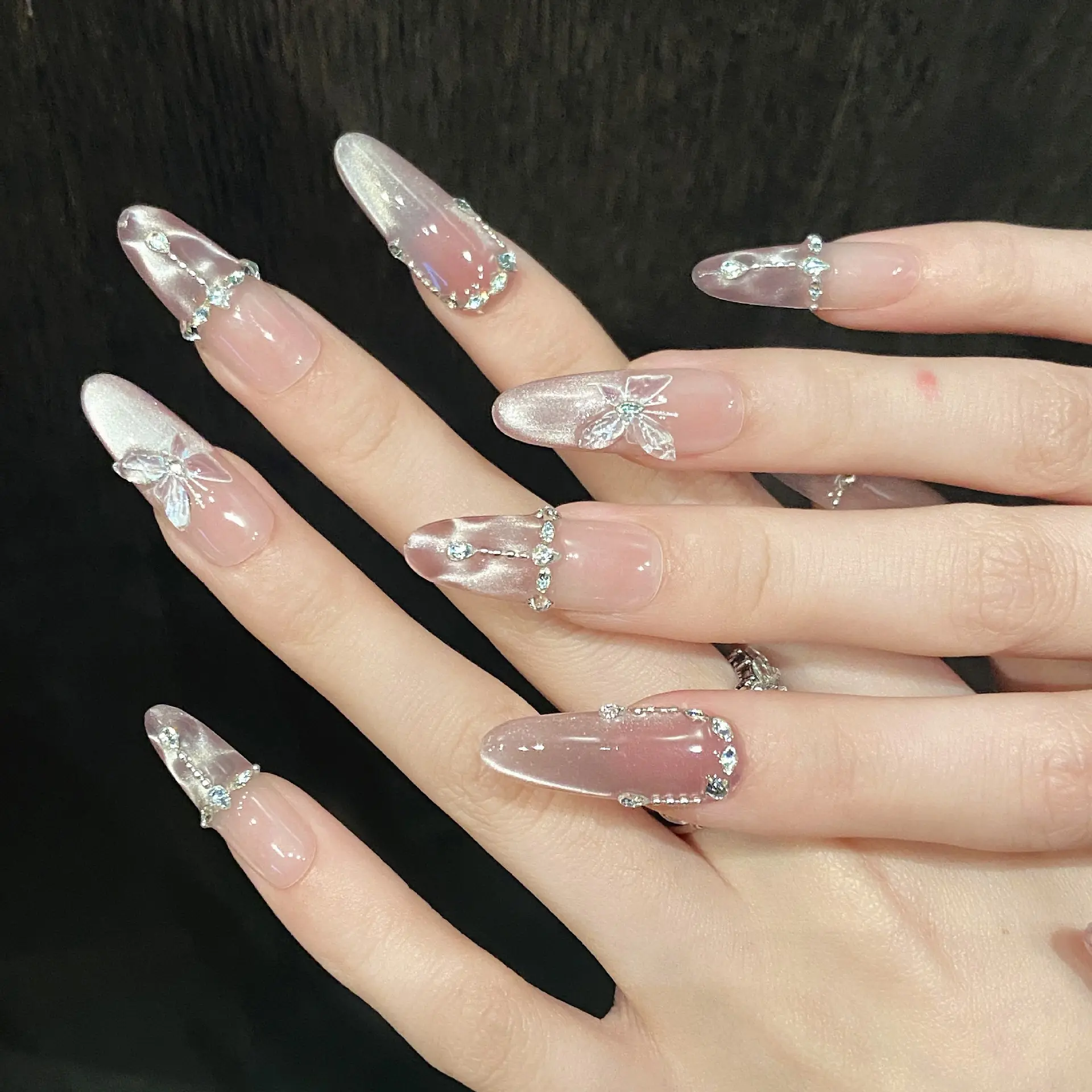 Butterfly-Themed Press On False Nails, Shimmering Cold Gold Flash Cat Eye Style, Removable Reusable, Elegant Versatile Personality Design, Suitable for Students and Pregnant Women, Artificial False Nails & Accessories, Butterfly False Nails & Accessories