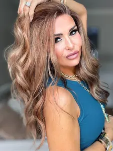 MACA BAKA Violet Honey Brown Blonde Ombre Highlight Lace Front Wig with Scandinavian Hairline Low Density 16 Inches Long Natural Wavy HD Synthetic Lace Front Wigs for Women Pre Plucked