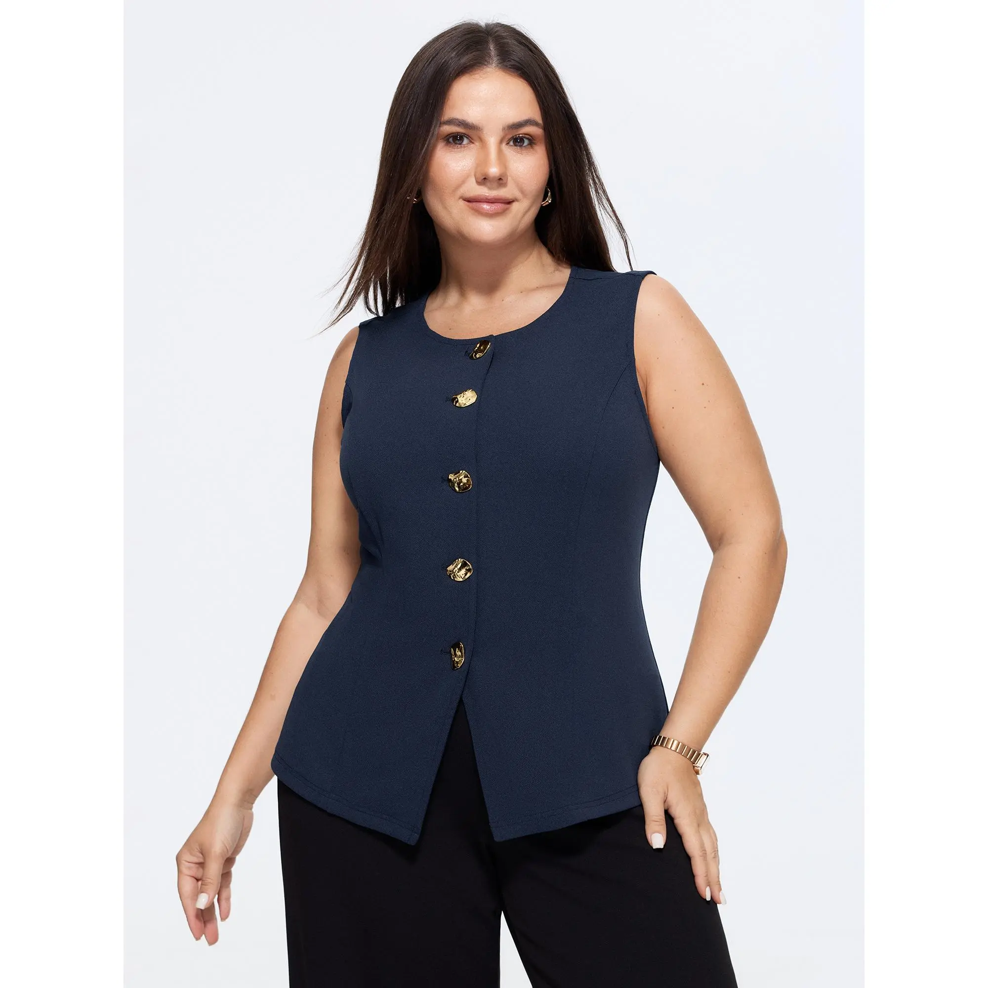 BloomChic Plus Size Fitted Blazer Vest, Solid Sleeveless Button-Front Top for Casual Wear, Polyester Spandex Blend, Tops, Fabric, Low Iron, Women, Elastane, Garment, Basic,Back To School,Fall Pick, Spotlight Day