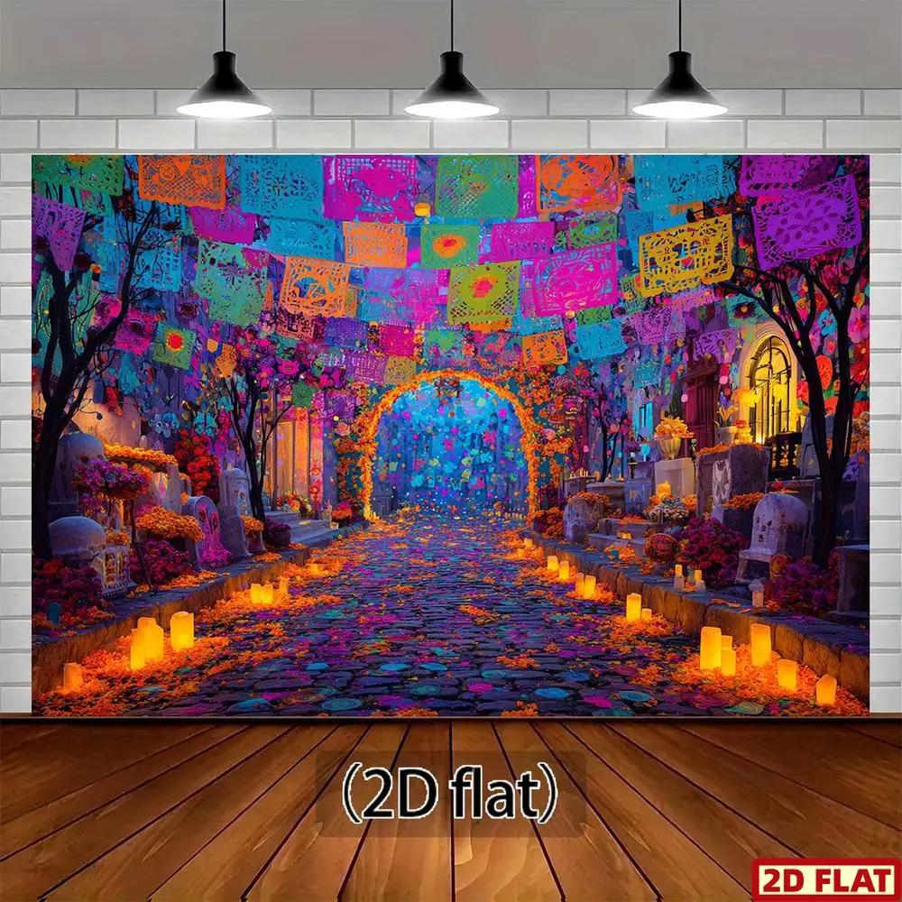 Glam Ethnic 2D Flat Mexican Folk Art Day of the Dead Textile Backdrop - Mexican Prints Panels, Realistic Papel Picado Flags, Color-Coded Cemetery Path Altar Arch, Easy-Hanging Multi-Size White Photo Banner (210cm x 150cm), Ideal for Ceremonies, Altars