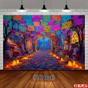 2D Flat Mexican Folk Art Day of the Dead Backdrop Realistic Papel Picado Flags Color Coded Cemetery Path Altar Arch Easy Hang for Altars Parties Photo Banners Ornaments White Decor 210cm x 150cm