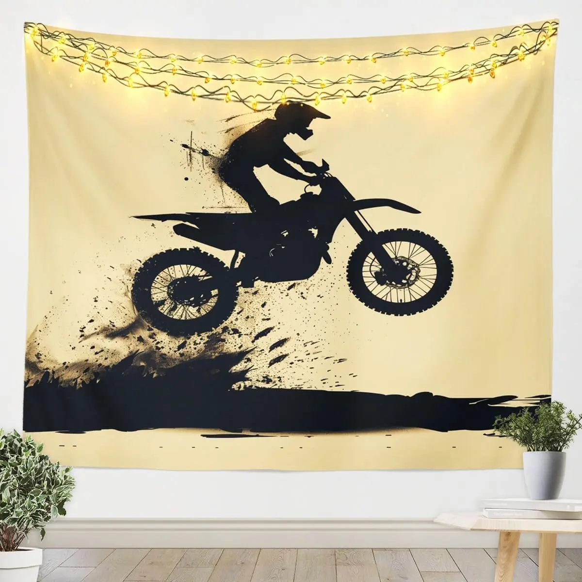 Feelyou Motorcycle Artwork Print Tapestry - 59inW x 59inL Medium Lightweight Dirt Bike Mural Wall Painting, Ultra-Soft Racer Blanket, Brightening Vivid Color Textile, Machine Washable for Family Home Bedroom Decor, Indoor Use, Wall Mural